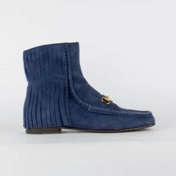 Gucci Blue Suede Fringed Horsebit Loafer Ankle Boots - Picture 1 of 9